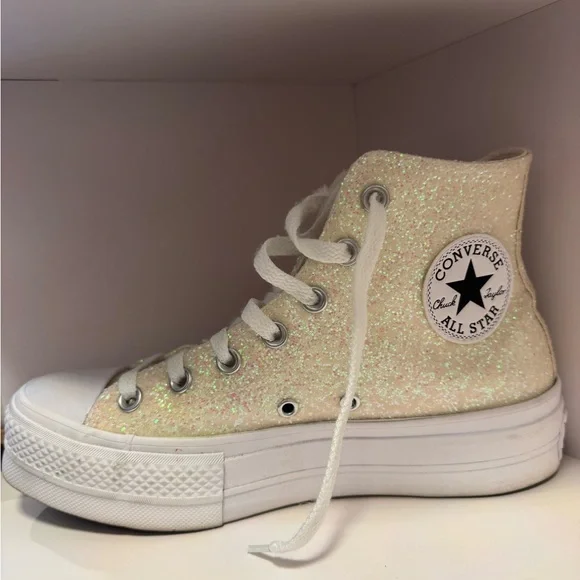Converse Glitter High-Top Platform Sneakers in Shimmer Cream - Picture 1 of 5